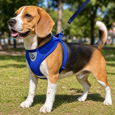 Petit chien portant un harnais chien bleu sur la pelouse d’un parc urbain