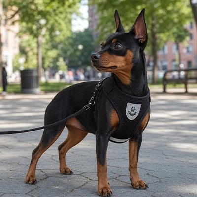 Petit chien portant un harnais chien noir dans un parc urbain