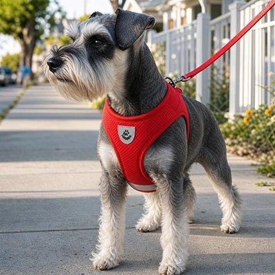 Petit chien portant un harnais chien rouge dans une rue