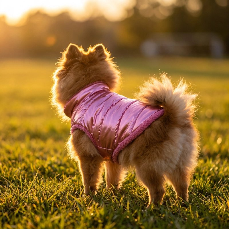 Petit chien portant un manteau chien rose brillant debout sur l’herbe au coucher du soleil.