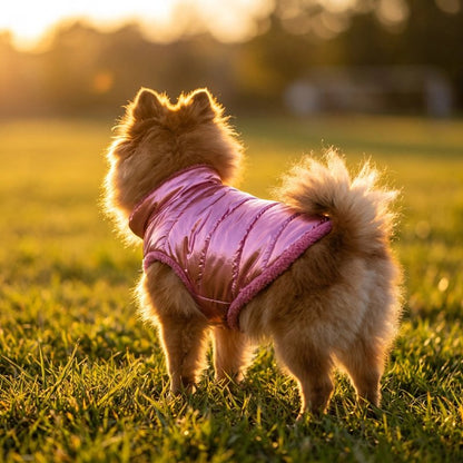 Petit chien portant un manteau chien rose brillant debout sur l’herbe au coucher du soleil.