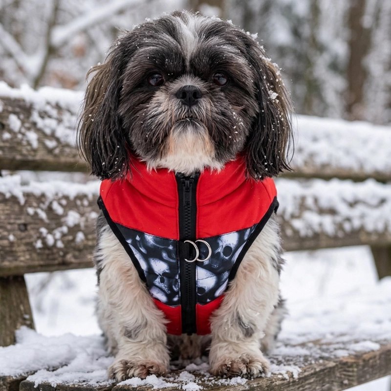 Petit chien portant un manteau pour chien rouge et noir avec fermeture zippée, assis sur un banc enneigé.