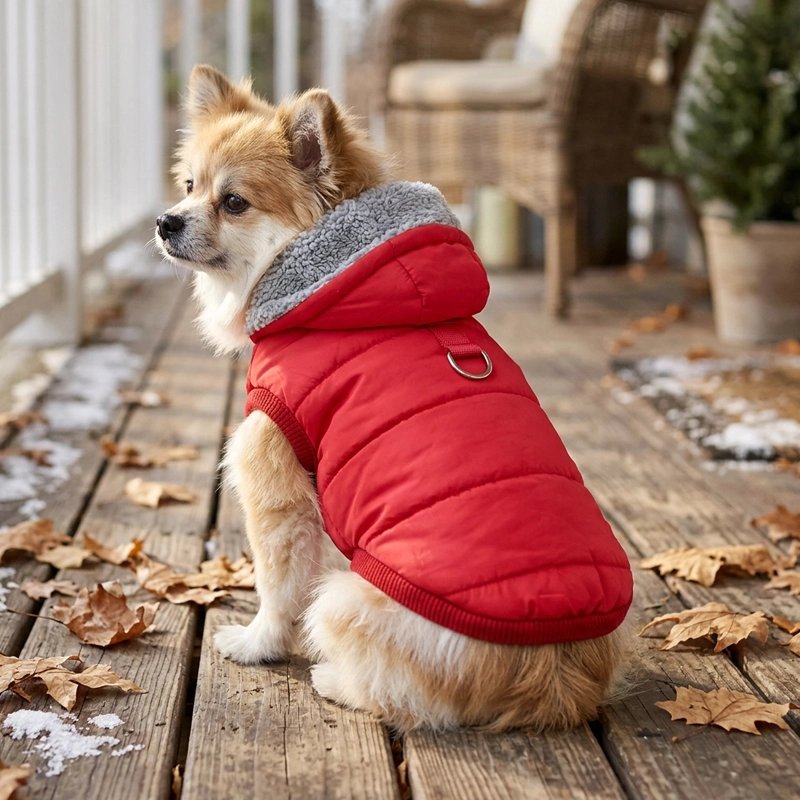 Petit chien portant un manteau pour chien rouge matelassé avec doublure polaire sur un porche en hiver.
