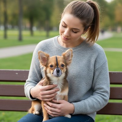Petit chien portant une muselière pour chien lors d’une promenade en parc.