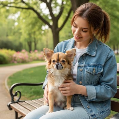Petit chien portant une muselière pour chien lors d’une sortie au parc.