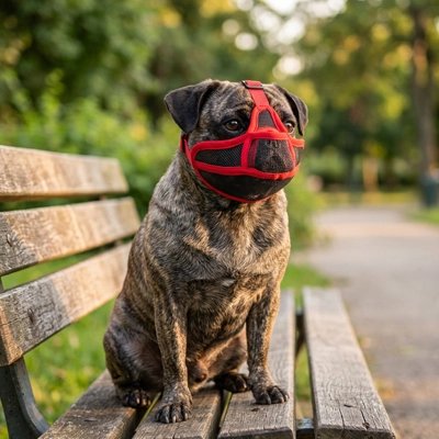 Petit chien portant une muselière pour chien rouge lors d’une pause en parc.