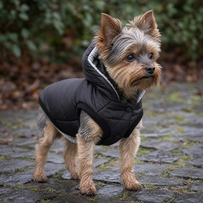 Petit yorkshire portant un manteau pour chien noir matelassé avec capuche sur un chemin pavé.