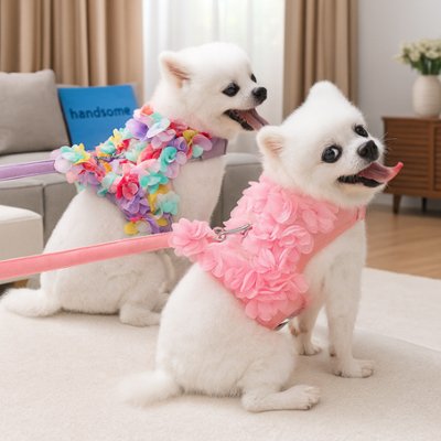 Deux petits chiens blancs sont assis sur un tapis beige à l'intérieur, portant des harnais Harnais petit Chien | Cutepaws, l'un rose à fleurs, l'autre multicolore. Tous deux sont tenus en laisse et regardent en arrière en tirant la langue.