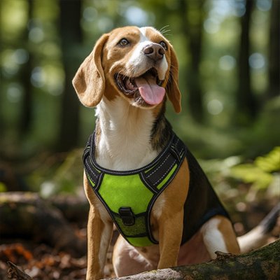 Un beagle porte le Harnais chien | ReflectLED, assis sur un sol forestier ensoleillé avec des arbres en arrière-plan, regardant sur le côté avec la langue tirée.