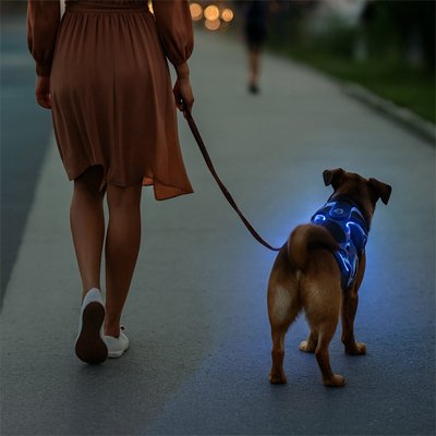 Une femme vêtue d'une robe brune promène un petit chien portant le ReflectLED Harnais chien, dont la lumière bleue luit sur le trottoir au crépuscule, avec des lampadaires flous derrière eux.