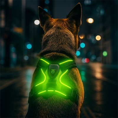 Un chien portant le Harnais chien | ReflectLED brille en vert alors qu'il est assis dans une rue humide de la ville, la nuit, avec des lumières floues en arrière-plan.
