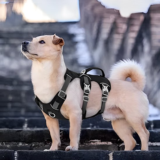 Un chien brun clair portant le TriSecure Harnais pour chien se tient avec confiance sur des marches en pierre à l'extérieur, avec une structure en pierre floue à l'arrière-plan.