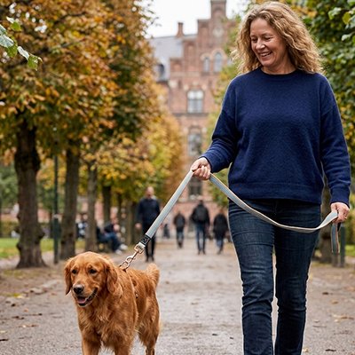 Promenade d’un golden retriever avec une laisse pour chien tenue par une personne sur un chemin bordé d’arbres en automne.