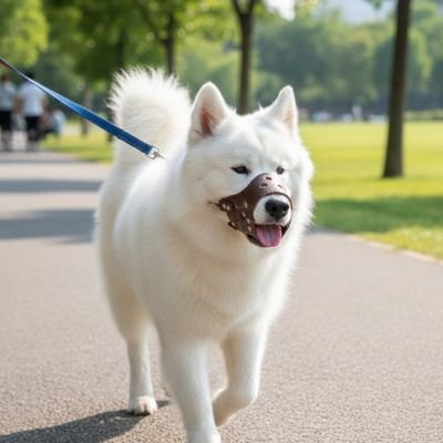 Samoyède portant une muselière pour chien lors d’une marche en extérieur.