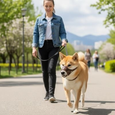 Shiba Inu portant une muselière pour chien lors d’une promenade dans un parc.