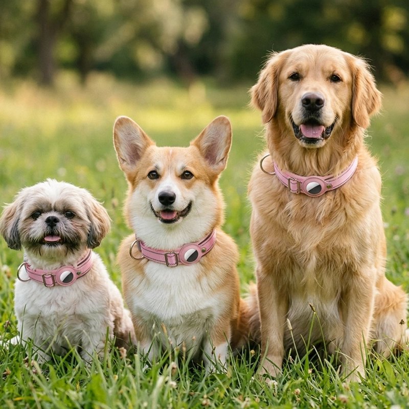 Shih Tzu, Corgi et Golden Retriever assis sur l’herbe, chacun portant un collier chien rose équipé d’un traceur rond.