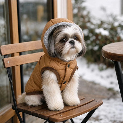 Shih Tzu portant un manteau pour chien brun matelassé avec capuche en polaire assis sur une chaise extérieure.