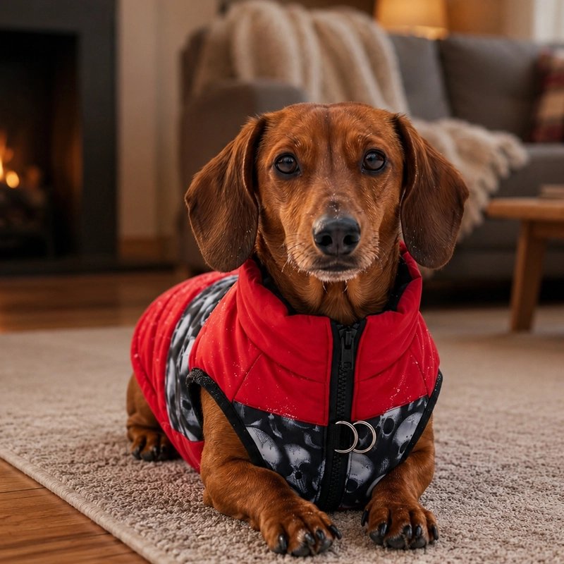 Teckel portant un manteau pour chien rouge et noir avec anneaux métalliques, allongé dans un salon près d’une cheminée.