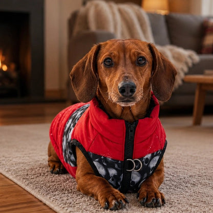 Teckel portant un manteau pour chien rouge et noir avec anneaux métalliques, allongé dans un salon près d’une cheminée.