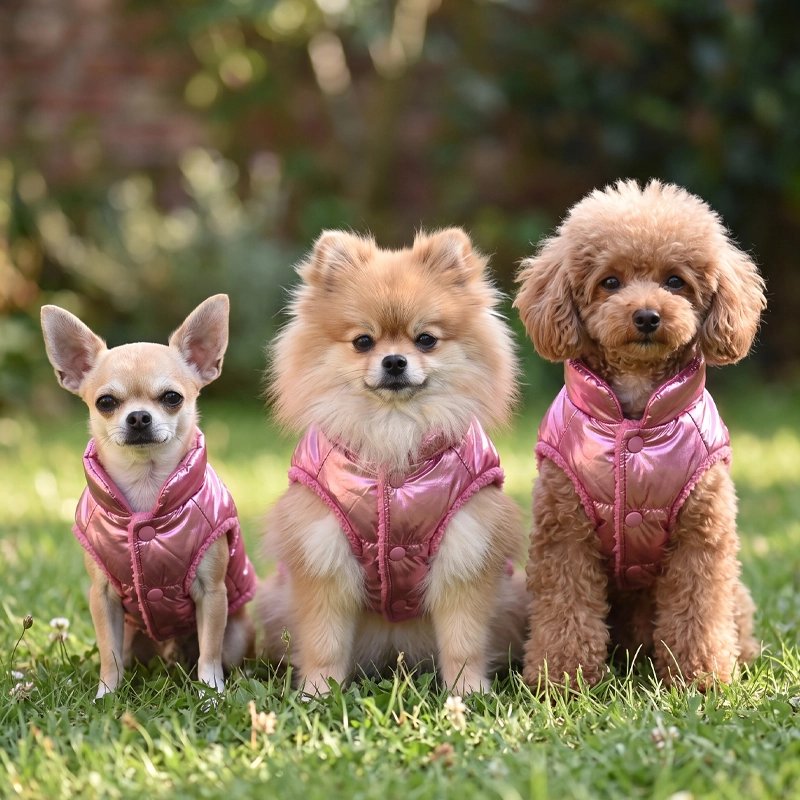 Trois petits chiens portant un manteau chien rose assis sur l’herbe en extérieur.
