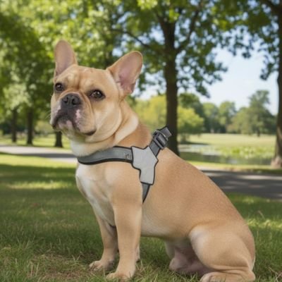 Un harnais chien noir bien ajusté sur un chien assis dans un parc boisé.