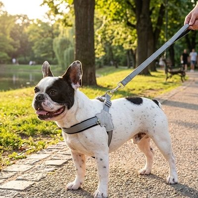 Un petit chien équipé d’un harnais chien noir tire au bout d’une laisse dans un parc boisé. 