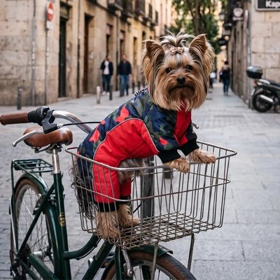 Yorkshire portant un manteau pour chien rouge camouflage assis dans le panier d’un vélo en ville.